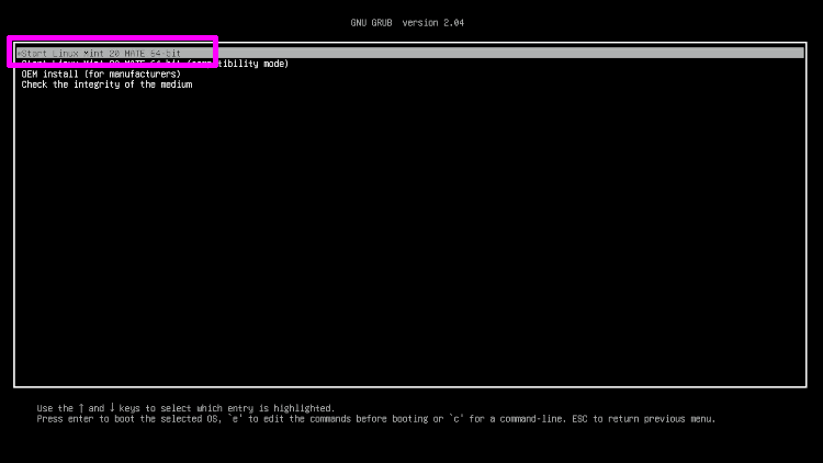 Start Linux Mint 20 MATE 64-bit