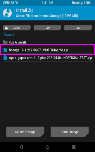lineage-18.1-20210207-UNOFFICIAL-flo.zip を選択