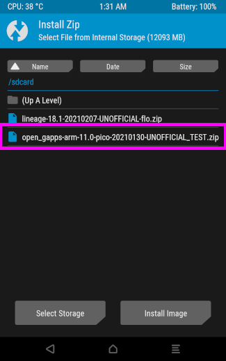 open_gapps-arm-11.0-pico-20210130-UNOFFICIAL_TEST.zip を選択