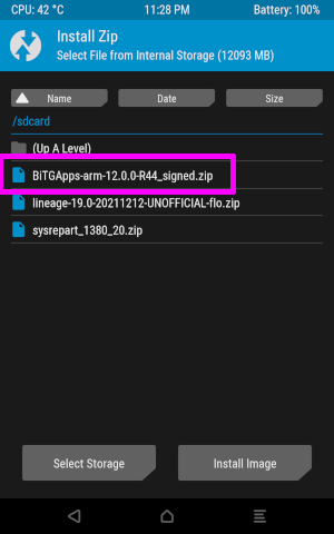 「BiTGApps-arm-12.0.0-R44_signed.zip」を選択