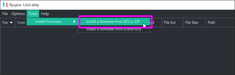 「Tools -> Install Firmware -> Install a firmware from XCI or ZIP」を選択