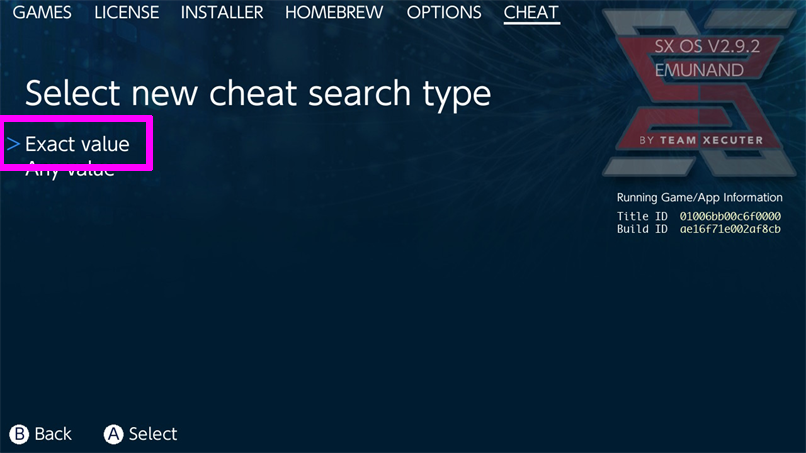 Select new cheat search type