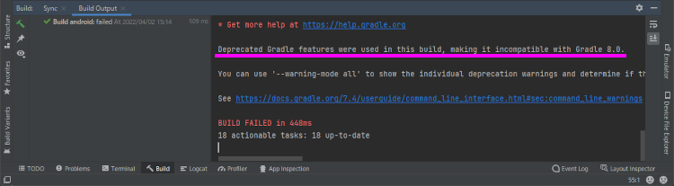 Deprecated Gradle features were used in this build, making it incompatible with Gradle 8.0.